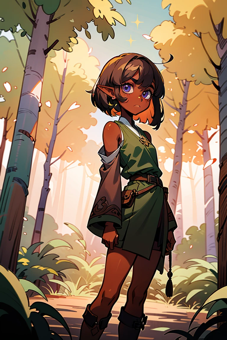 masterpiece, absurdres, 1girl, cowboyshot, tachi-e, young woman, best aesthetics, small breasts, narrow hips, thin thighs, dark hair, narrow eyes, slanted eyes, brown skin, knee-length dress, round nose, very detailed face, clean lines, dynamic pose, anatomically correct, hyperdetailed, forest atmosphere, beige eyeshadow, clean makeup, violet eyes, detailed hair, sparkling eyes, nature, magic, fantasy, medieval, high fantasy, leather leggings, comfy, cozy, tsurime eyes, SFW, mage robes, arms by side, outdoors, trees in background, simple bob haircut, messy bangs, hair framing face, straight hair, elf, adult woman, brown dress, green vest, inked comic, comic art, ankle boots, cell shading, cartoon style, tanned skin, broad shoulders, forest mage, dark skin, loose-fitting dress, minlan1, high fantasy, rule of thirds, cross-body robes