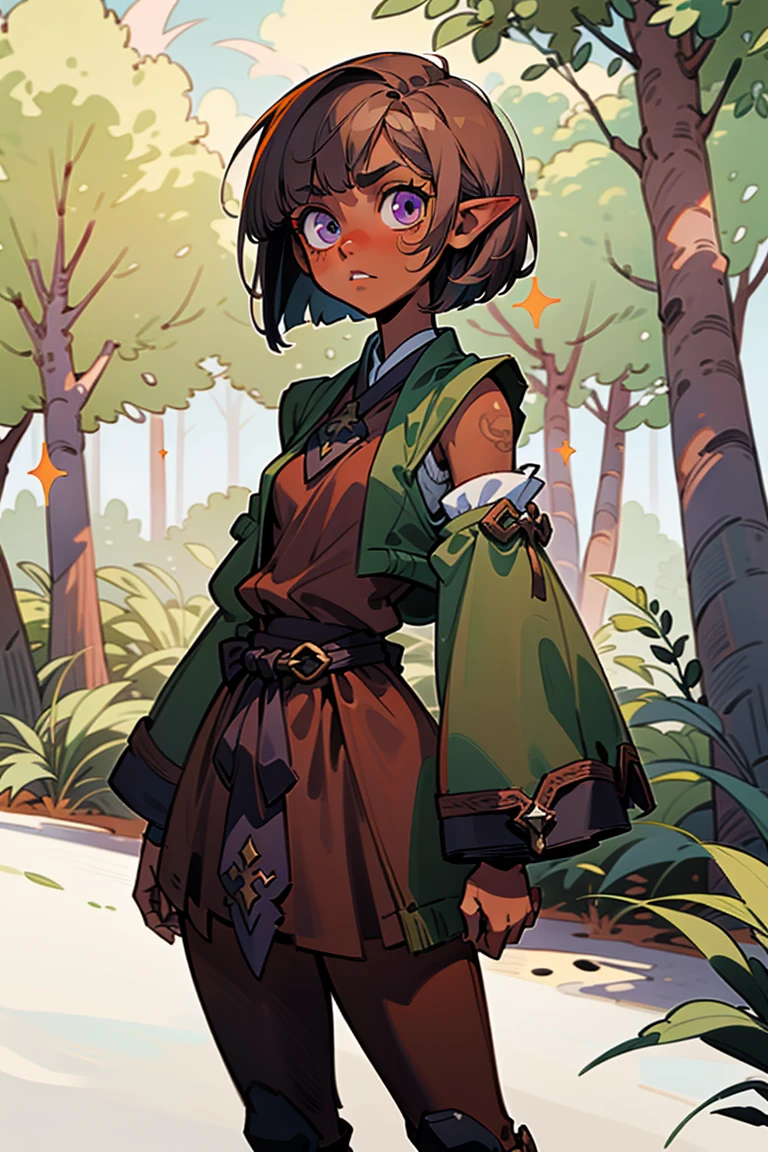 masterpiece, absurdres, 1girl, cowboyshot, tachi-e, young woman, best aesthetics, small breasts, narrow hips, thin thighs, dark hair, narrow eyes, slanted eyes, brown skin, knee-length dress, round nose, very detailed face, clean lines, dynamic pose, anatomically correct, hyperdetailed, forest atmosphere, beige eyeshadow, clean makeup, violet eyes, detailed hair, sparkling eyes, nature, magic, fantasy, medieval, high fantasy, leather leggings, comfy, cozy, tsurime eyes, SFW, mage robes, arms by side, outdoors, trees in background, simple bob haircut, messy bangs, hair framing face, straight hair, elf, adult woman, brown dress, green vest, inked comic, comic art, ankle boots, cell shading, cartoon style, tanned skin, broad shoulders, forest mage, dark skin, loose-fitting dress, minlan1, high fantasy, rule of thirds, cross-body robes