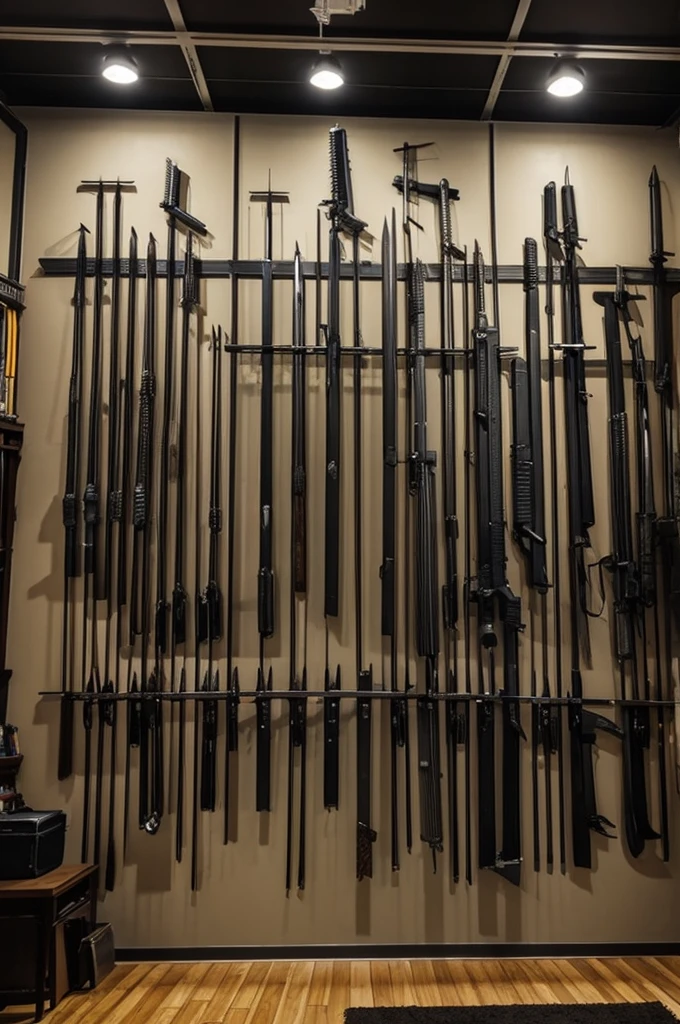 ((comic art)) A metal wall with weapons, which are hung on the wall, like in a gun shop