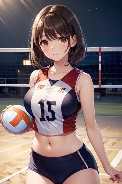 anegasaki nene、(Shiny brown hair, short hair, Beautiful brown eyes、Sparkling eyes, Fine grain)、smile、Ultra-detailed eyes、Highly detailed face, Highly detailed eyes,


(high quality, High resolution, Fine details), Realistic,Cowboy Shot、

(((Sleeveless volleyball uniform、belly button、High-cut buruma：1.5))),  (((Volleyball court))), 
(8K, 最high quality, masterpiece:1.2),Depth of written boundary, Sharp focus,Sunbeam, Good composition,(Bokeh:1.2) One girl,alone,(whole body), (Mouth closed),Beautiful attention to detail, Pause, Tight waist,