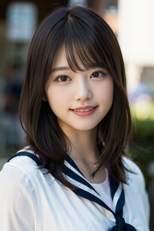 (8K、Raw photo、Highest quality、masterpiece:1.2)、(Realistic、Photorealistic:1.37)、Ultra-detailed、Ultra-high resolution、1 girl、Seeing the viewer、Beautifully detailed face、Laughter、narrow、(Slim waist) :1.3)、Beautifully detailed skin、Skin Texture、Floating Hair、Professional Lighting、Human whole body、Long Hair、Blonde、Japanese Height 、high school girl、Sailor suit、Bob Hair、University、Smile, (Super cute face:1.5),