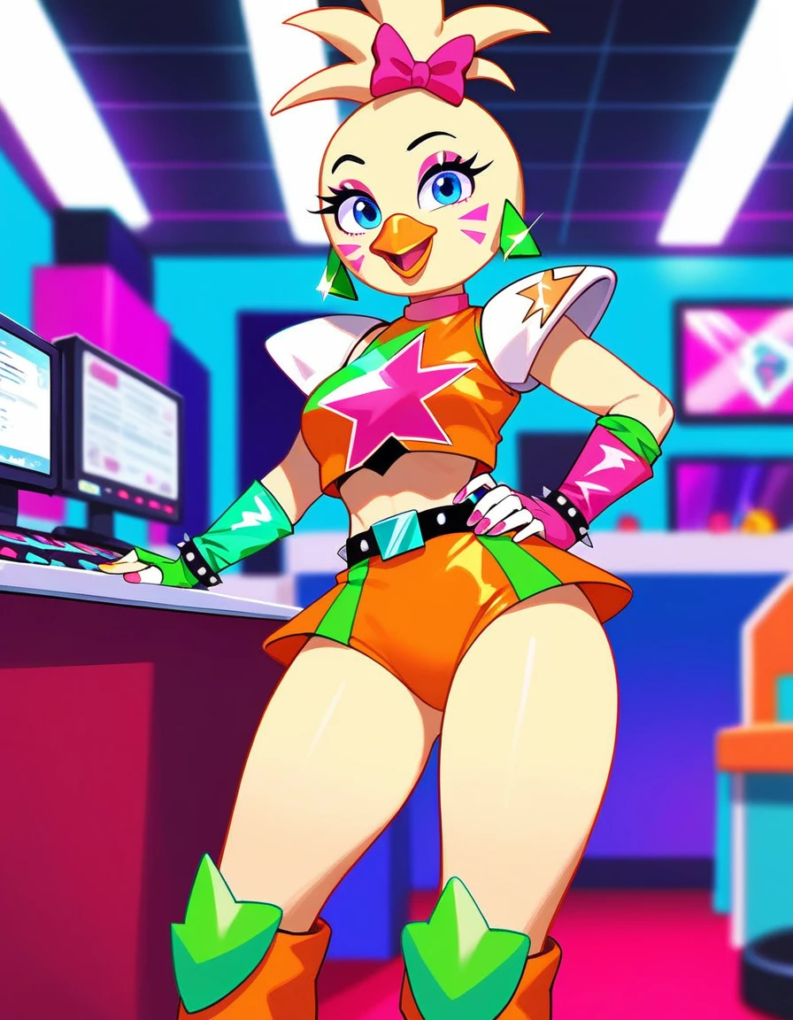 score_9,score_8_up,score_7_up, source_cartoon, glamrock chica, fnaf security breach, glam rock outfit, standing, indoors, 