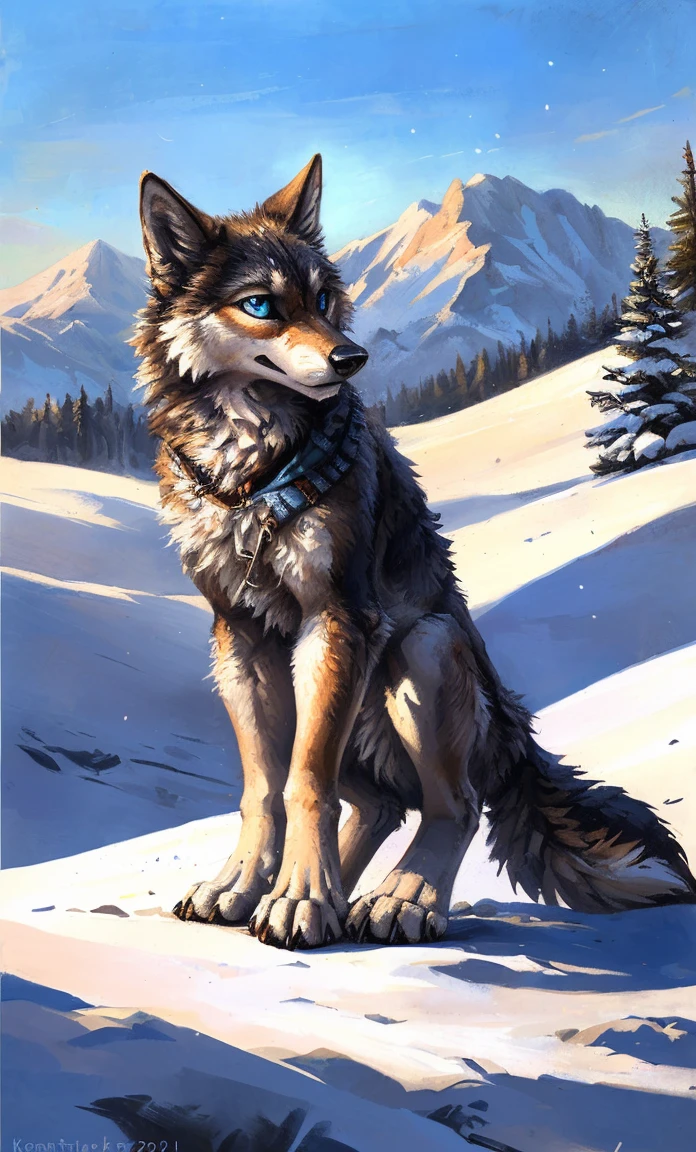 ((Solo)), male people, anthro wolf, (Multi-colored fur, White-brown:1.3，White tail pointed), (Height 2.1m,Tail length 1.2m), ((Wolf face, Big eyes, White eyelids, Blue pupil, Slim:1.2) (Tough, Calm expression:1.2)), Slim, pinging)), (Correct anatomy), (Winter clothing:1.1), The upper body  naked, (detailed outfits),A long big tail，Feet，(Realistic fur, Detailed fur texture, labeled:1.3)), (Natural lighting), Photorealistic, Hyperrealistic, ultradetailed, by Kenket，Snowfield，????? through，Running on