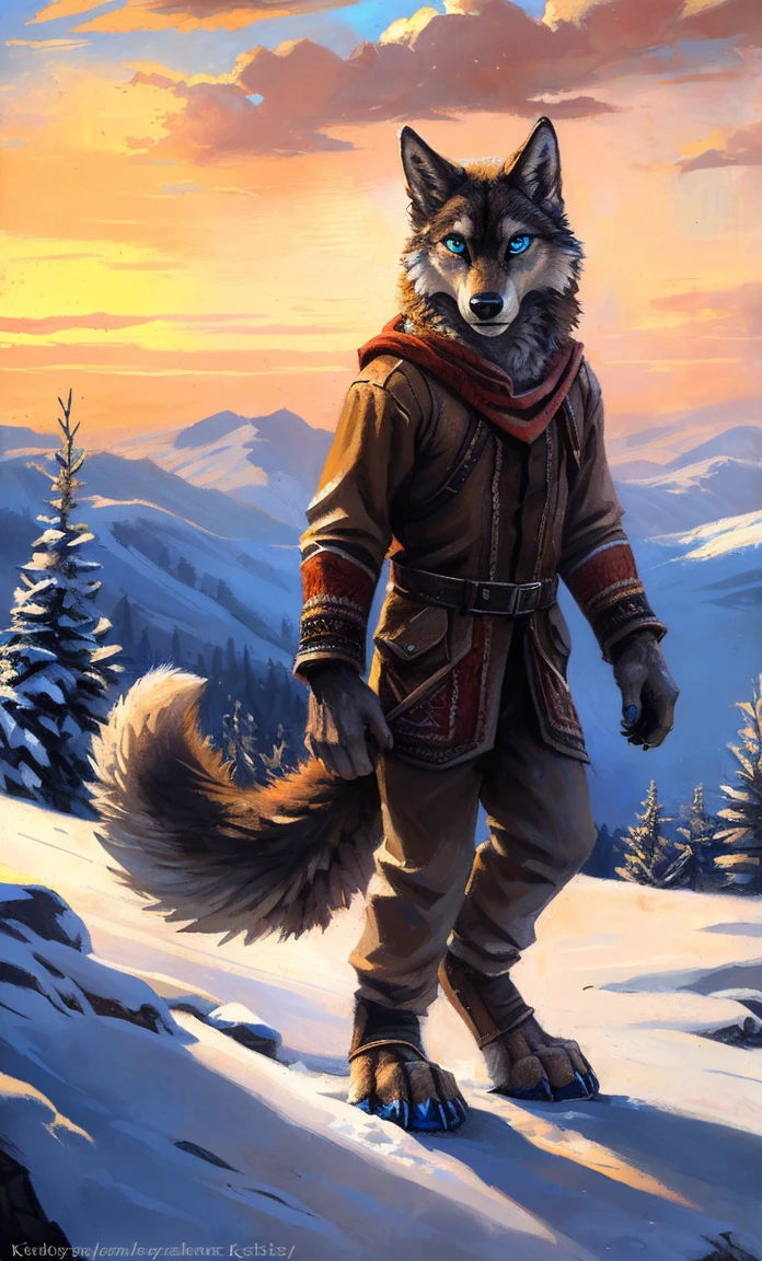((Solo)), male people, anthro wolf, (Multi-colored fur, White-brown:1.3，White tail pointed), (Height 2.1m,Tail length 1.2m), ((Wolf face, Big eyes, White eyelids, Blue pupil, Slim:1.2) (Tough, Calm expression:1.2)), Slim, pinging)), (Correct anatomy), (Winter clothing:1.1), The upper body  naked, (detailed outfits),A long big tail，Feet，(Realistic fur, Detailed fur texture, labeled:1.3)), (Natural lighting), Photorealistic, Hyperrealistic, ultradetailed, by Kenket，Snowfield，erect through，Running on