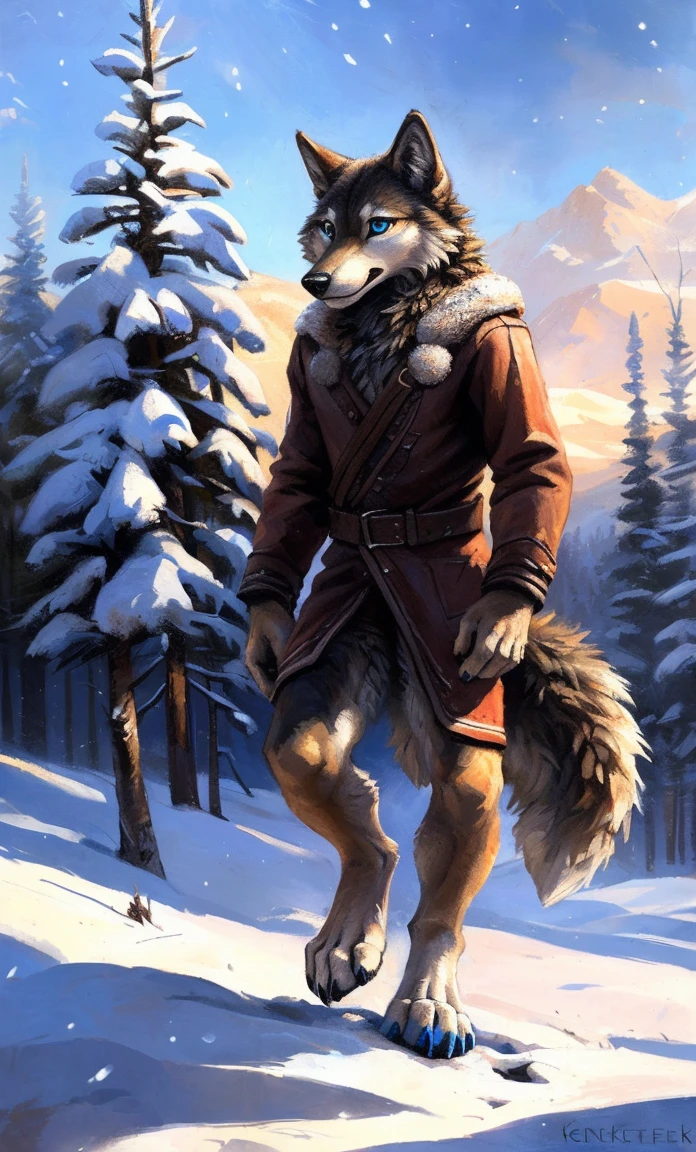 ((Solo)), male people, anthro wolf, (Multi-colored fur, White-brown:1.3,White tail pointed), (Height 2.1m,Tail length 1.2m), ((Wolf face, Big eyes, White eyelids, Blue pupil, Slim:1.2) (Tough, Calm expression:1.2)), Slim, pinging)), (Correct anatomy), (Winter clothing:1.1), The upper body naked, (detailed outfits),A long big tail,Feet,(Realistic fur, Detailed fur texture, labeled:1.3)), (Natural lighting), Photorealistic, Hyperrealistic, ultradetailed, by Kenket,Snowfield,erect through,Running on