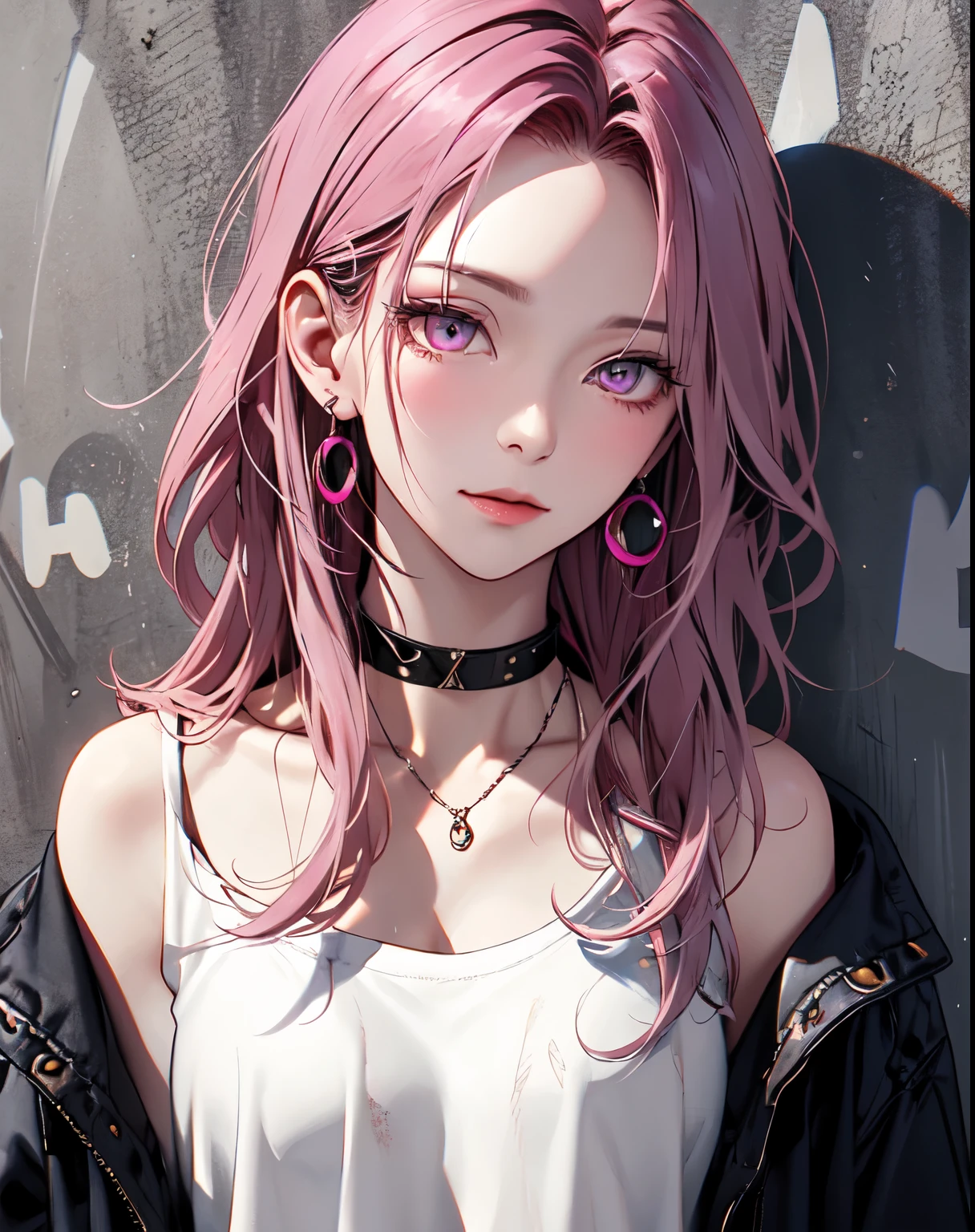 (masterpiece, best quality, 1girl, solo, intricate details, chromatic aberration), realistic, ((medium breath)),long hair, pink hair, red head ornament, pink highlights, hair over one eye,purple eyes, earrings, sharp eyes, choker, neon shirt, open jacket, crop top, (symmetry eyes),(perfect symmetrical body),against wall, brick wall, graffiti, dim lighting, alley ,look at viewer