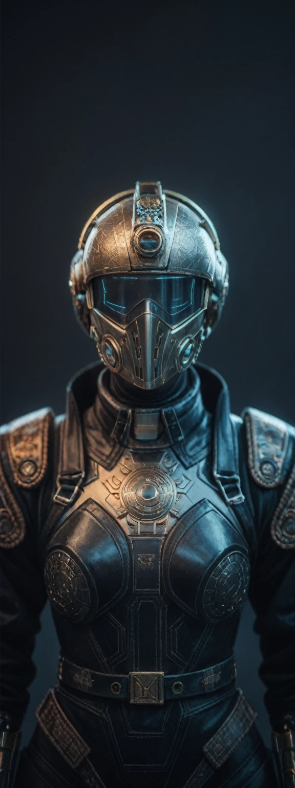 realistic,score_9, score_8_up, score_7_up,
1girl,solo, dark, intricate, futuristic armor, attire, swirling patterns, mechanical elements, cyberpunk, steampunk style, helmet, headpiece, obscures eyes, enigmatic, otherworldly, soft light box, shallow depth of field, armor details, textures