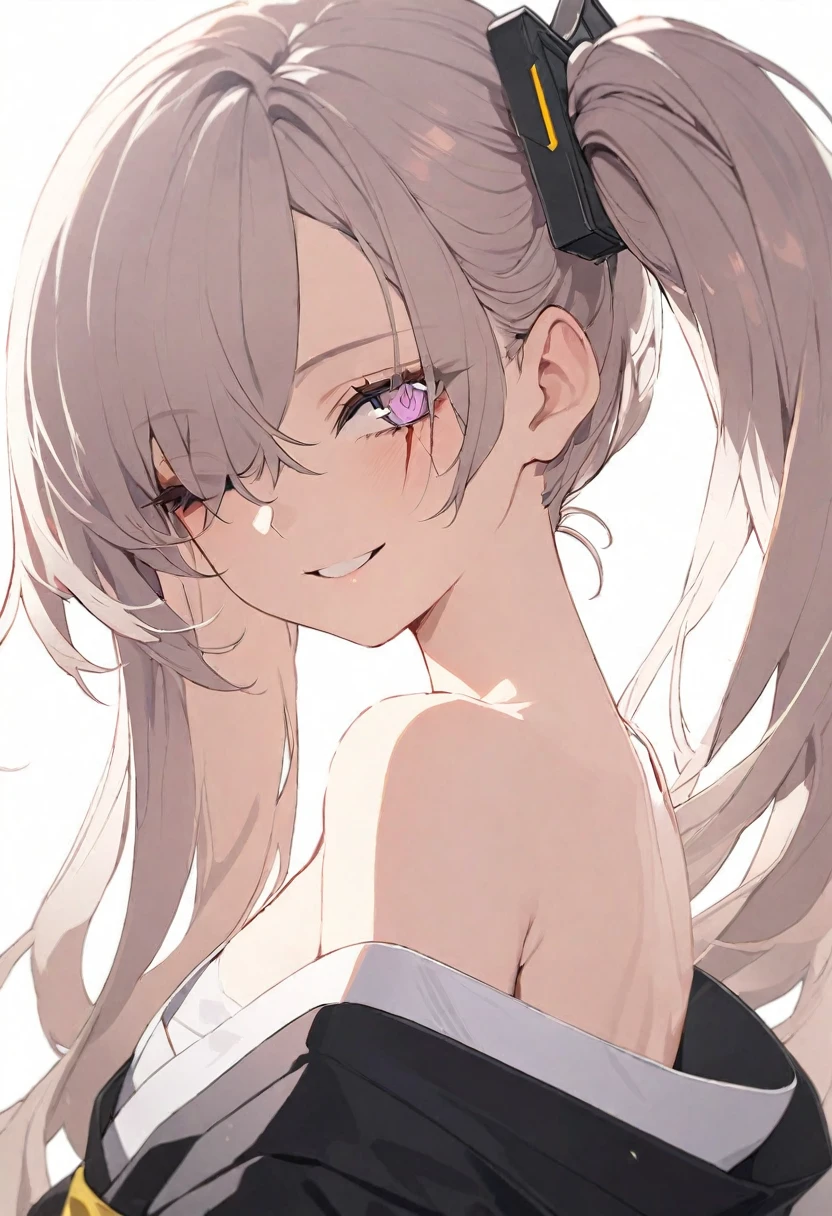 (muste piece), (best quality), very detailed eyes, expressive eyes, perfect face, very detailed face, highly detailed face, beautiful girl, 8K, beautiful girl, white background, delicate and beautiful face and eyes, dark intense shadow, 
1 girl, vtuber style, cool girl, girls frontline style, girls frontline, UMP45, scar on rigth eye, long hair, side ponytail, kimono, small ?????, clavicle, one eye close winking, smile, (whole body), standing, from back, looking back, sunrsing, 