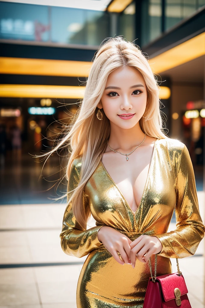 (best quality, 4k ,8k, highres, masterpiece:1.2), ultra-detailed, (realistic, photorealistic, photo-realistic:1.37), closeup, sexy seductive Thai woman, (seductive smile), long lashes, beautiful makeup, platinum blonde hair, fair skin, slender figure, elegant posture, wearing large sparkling colorful jewelery, wearing a business style leather dress, standing in a large shopping mall, gentle sunlight shining through the shopping mall windows, casting a soft glow on her face, adding warmth to the scene, vibrant colors, capturing the essence of vibrant city life, portrait style, showcasing her natural beauty and grace in a feminine way