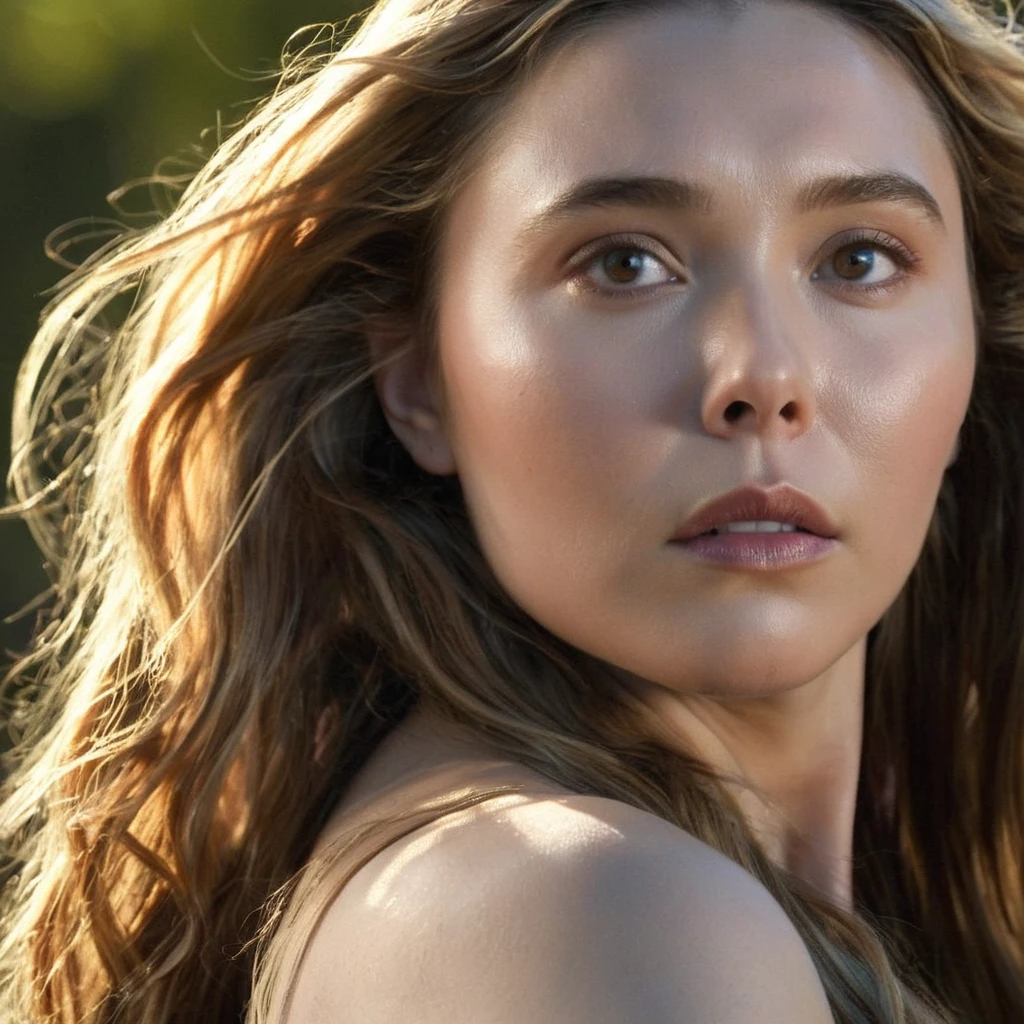 Cinematic HDR Photo, Grainy:1.5, Detail:1, Sharp Image:1.2, from Best Cinematic Images Elizabeth Olsen a woman with long hair and nude big breast looking at the camera Kodak Motion Picture Film Style, High dynamic range, clear, rich detail , shadows and highlights are clear, realistic, intense, contrast enhanced, highly detailed