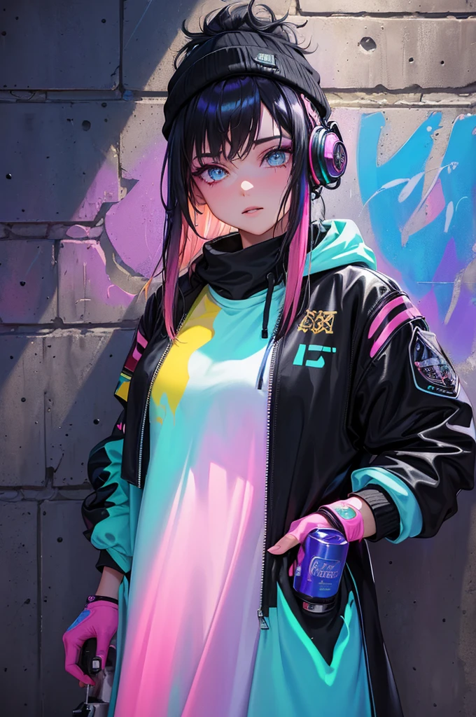 (Masterpiece:1.2), best quality, (illustration:1.2), (ultra-detailed),Eye focus,(Masterfully crafted Glow, pink lens flare), (Cinematic background), hyper details,(delicate detailed), (intricate details), octane render, hdr, (hyperdetailed:1.15), (((colourful))),(soft light:1.2), 1girl, beautiful girl, ultra detailed eyes, mature, plump, thick, rainbow painting drops, paint teardrops, woman made up from paint, entirely paint, splat, splash, (outside), (bioluminescent hair:1.1),(glowing eyes), ((makeup)),(Cinematic masterpiece), fierce, powerful, splashes of colour absolutely eye-catching, (Cinematic headlight), (realistic bounce lighting:1.2),((caustic)), dynamic angle, beautiful detailed glow, ambient occlusion, ambient light, raytraced reflections,(best illumination, an extremely delicate and beautiful), ((cinematic light)), (soft:2), (whimsical:2) , intricate background, vibrant, dreamscape, (painting graffiti:1.3), (glowing tail), (painted city landscape), (Urban),(realistic urban fashion), (expressive:1.2), good form, athletic , (mirrored world), (long flowing black hair:1.1), wavy hair, (colourful hair highlights),(Cyberpunk Techwear Japanese Streetwear Longline Hoodie),(Cyberpunk Streetwear Kanji Joggers), glowing headphones, beanie, (graffiti wall), unfinished graffiti, ghetto,(looking at wall:2),black hoodie, (backwall present),(holding spraycan:1.3), (colourful mist), buckles, belts, straps, a girl standing in front of a graffiti wall, cyberpunk art, by LAM, Mika Pikazo, graffiti, techwear jacket, black gloves, with buckle and tape