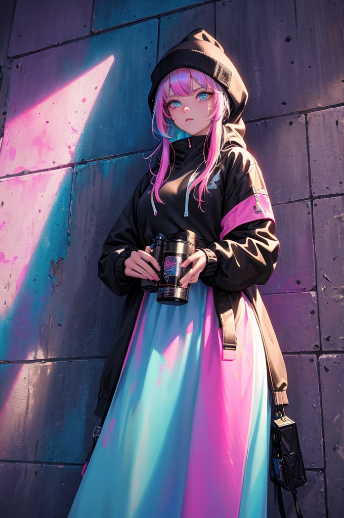 (Masterpiece:1.2), best quality, (illustration:1.2), (ultra-detailed),Eye focus,(Masterfully crafted Glow, pink lens flare), (Cinematic background), hyper details,(delicate detailed), (intricate details), octane render, hdr, (hyperdetailed:1.15), (((colourful))),(soft light:1.2), 1girl, beautiful girl, ultra detailed eyes, mature, plump, thick, rainbow painting drops, paint teardrops, woman made up from paint, entirely paint, splat, splash, (outside), (bioluminescent hair:1.1),(glowing eyes), ((makeup)),(Cinematic masterpiece), fierce, powerful, splashes of colour absolutely eye-catching, (Cinematic headlight), (realistic bounce lighting:1.2),((caustic)), dynamic angle, beautiful detailed glow, ambient occlusion, ambient light, raytraced reflections,(best illumination, an extremely delicate and beautiful), ((cinematic light)), (soft:2), (whimsical:2) , intricate background, vibrant, dreamscape, (painting graffiti:1.3), (glowing tail), (painted city landscape), (Urban),(realistic urban fashion), (expressive:1.2), good form, athletic , (mirrored world), (long flowing black hair:1.1), wavy hair, (colourful hair highlights),(Cyberpunk Techwear Japanese Streetwear Longline Hoodie),(Cyberpunk Streetwear Kanji Joggers), glowing headphones, beanie, (graffiti wall), unfinished graffiti, ghetto,(looking at wall:2),black hoodie, (backwall present),(holding spraycan:1.3), (colourful mist), buckles, belts, straps, a girl standing in front of a graffiti wall, cyberpunk art, by LAM, Mika Pikazo, graffiti, techwear jacket, black gloves, with buckle and tape