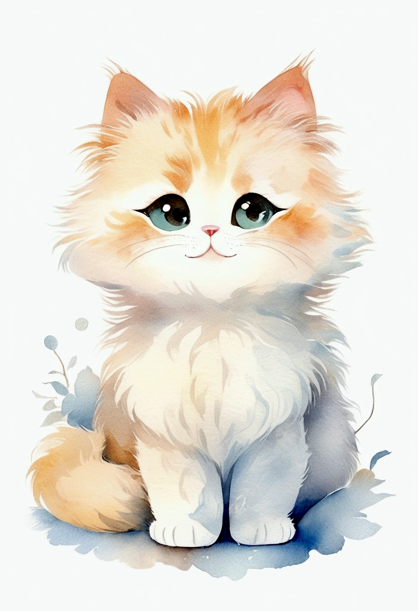 cute, Cat, White Background, Stylized, chibi, Fluffy fur, watercolor