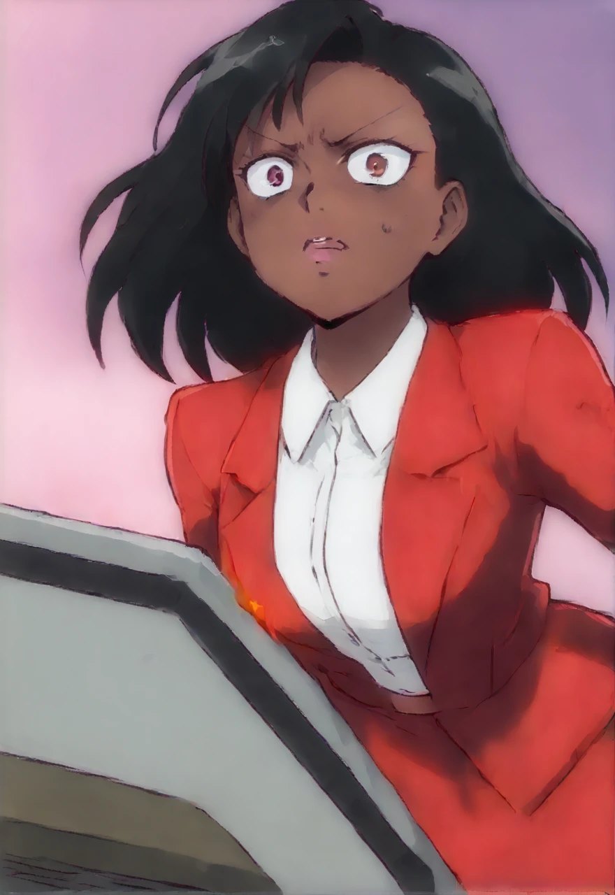 Make a evil military black anime woman in a red skirt suit