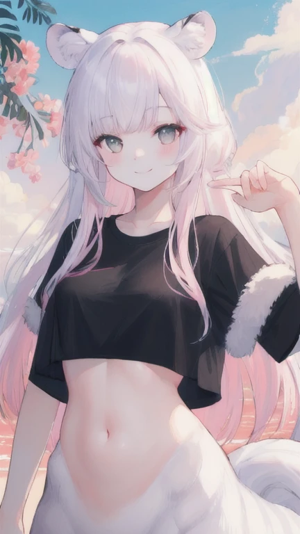 (best quality, masterpiece), 1 girl, centaur, It takes, White skin, Korean ,daughter,black pink,Smiling, exposing the abdomen, belly button t-shirt , 아름다운 소녀 Perfect wild white tiger photo, Perfect wild white tiger photo