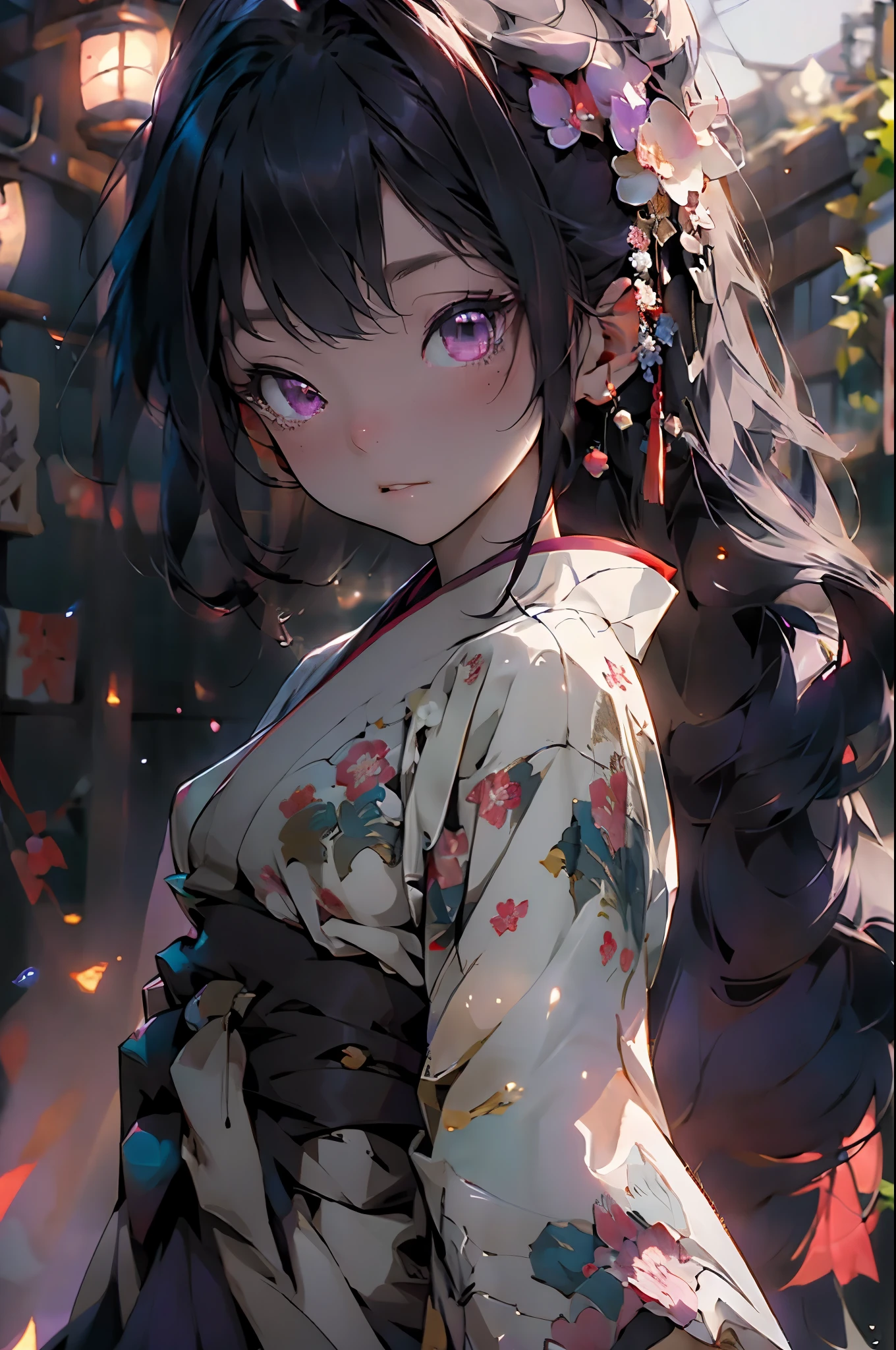 masterpiece, best quality, extremely detailed CG unity 8k wallpaper, Anime illustration of a woman wearing a kimono. A purple kimono tied with a red obi, long purple and black hair, droopy eyes, large eyes, clear black eyes, the background is dark, and the moonlight from the full moon makes it vaguely bright. is reflected and sparkles. The entire area is enveloped in particle-like Kurna light. Digital art,