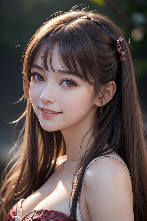((Highest quality)),(超High resolution),(Very detailed),(Detailed Description),((The best CG)),(masterpiece),Very detailedなアート、(Highest quality、8K、32k、masterpiece:1.2)、(Realistic)、(Realistic:1.2)、(High resolution)、Very detailed, (Close-up face:1.6), Very beautiful face and eyes, Big eyes, 1 female, 17 years old、Pale skin:1.4, Shine, Transparent muscles:1.2、((Ultra-Realistic Details))、Portraiture、All the characters are super realistic.:1.6、Global Illumination、Octane Rendering:1.2, The best beautiful girl,Very detailed, High resolutionのRAWカラー写真, Professional photography, Realistic portrait, Cinematic Light, (( Random Pause:1.2 ))、With a small face、Pale Cheeks:1.1、(( With a random cute smile:1.4 ))、((Beautiful Eyes、Light enters the eyes:1.4、Staring at a lover、Adorable eyes:1.2 )) 、((Shiny Hair Brown twin tails, 、Delicate texture、Voluminous Hair:1.1、Thick Hair:1.2 )), Natural Makeup、Beautiful big ,(Big ample breasts:1.2)、Captivating beauty、Captivate what you see、Tight waist、Delicate body、(Highest quality、Attention to detail、)、(Oil paint:1.2)、Very detailed、(Realistic、Realistic:1.37)、Bright colors、(( Deep neckline Beautiful bright damask dress in random colors:1.4 )), (Front Focus), (Front Focus), (In the Dark:1.6), Outdoor 、A spacious space with greenery and flower beds々and space々and::1.4、Garden 、wind , From the side 、