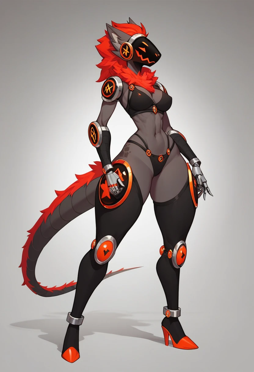 Solo, a red and black protogen, female, intricately designed cybernetic implants, tall, skinny, thick thighs, standing in a dark laboratory, illuminated body parts, 
