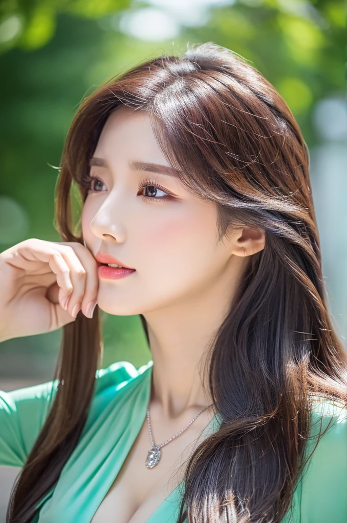 (lifelike, high resolution:1.3), 1 girl with a perfect figure, Delicate facial features,Double eyelids,Long eyelashes,Tall nose,Wear a necklace,Long hair, Tights of random color:1.2, Short jeans, Big ,Showing cleavage
