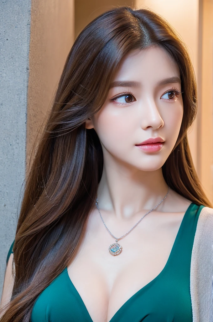 (lifelike, high resolution:1.3), 1 girl with a perfect figure, Delicate facial features,Double eyelids,Long eyelashes,Tall nose,Wear a necklace,Long hair, Tights of random color:1.2, Short jeans, Big ,Showing cleavage