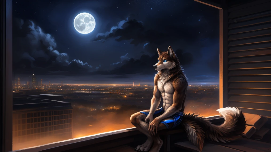 ((Solo)), male people, anthro wolf, (Multi-colored fur, White-brown:1.3), ((Wolf face, Big eyes, White eyelids, Blue pupil, Slim:1.2) (Tough, Calm expression:1.2)), (Height 2.1 meters,Tail length 1.5m), Abs, Slim, pinging, (Correct anatomy), (Contour bone:1.2), The upper body is naked, (detailed outfits), a long large tail,Feet,(Realistic fur, Detailed fur texture, labeled:1.3)), (Natural lighting), Photorealistic, Hyperrealistic, ultradetailed, by Kenket,In the modern city,Roof,the night,Sit alone,Look at the full moon,It was dark,Starry