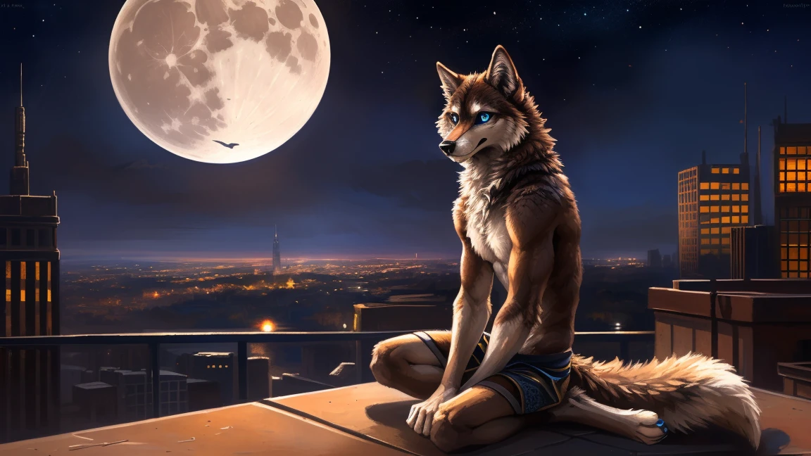 ((Solo)), male people, anthro wolf, (Multi-colored fur, White-brown:1.3), ((Wolf face, Big eyes, White eyelids, Blue pupil, Slim:1.2) (Tough, Calm expression:1.2)), (Height 2.1 meters,Tail length 1.5m), Abs, Slim, pinging, (Correct ???????), (Contour bone:1.2), The upper body is naked, (detailed outfits), a long large tail，Feet，(Realistic fur, Detailed fur texture, labeled:1.3)), (Natural lighting), Photorealistic, Hyperrealistic, ultradetailed, by Kenket，In the modern city，Roof，the night，Sit alone，Look at the full moon，It was dark，Starry