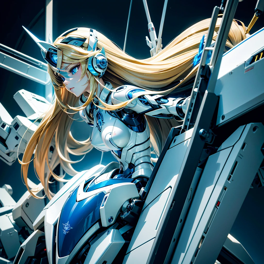 masterpiece, high quality, Inside the Institute of Mechanization、Princess with long straight blonde hair、On the operating table during remodeling surgery、The mechanical body has been turned into a cyborg、Blue and White Leotard Machine、A body with precision machinery exposed、Exposed precision machined genitals、Single image、from the front,Put the whole body