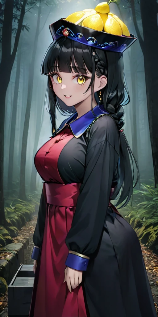 masterpiece, best quality, 4k, 8k, 1girl, solo, long hair, blunt bangs, side braid, black hair, droopy eyes, big eyes, ruby red eye, lemon yellow  eye, heterochromia, slender frame, evil smile, large breasts, ofuda, jiangshi costume:1.2, fang, horror, coffin, forest, midnight, fog, from front, upper body, look at viewer, paw pose,