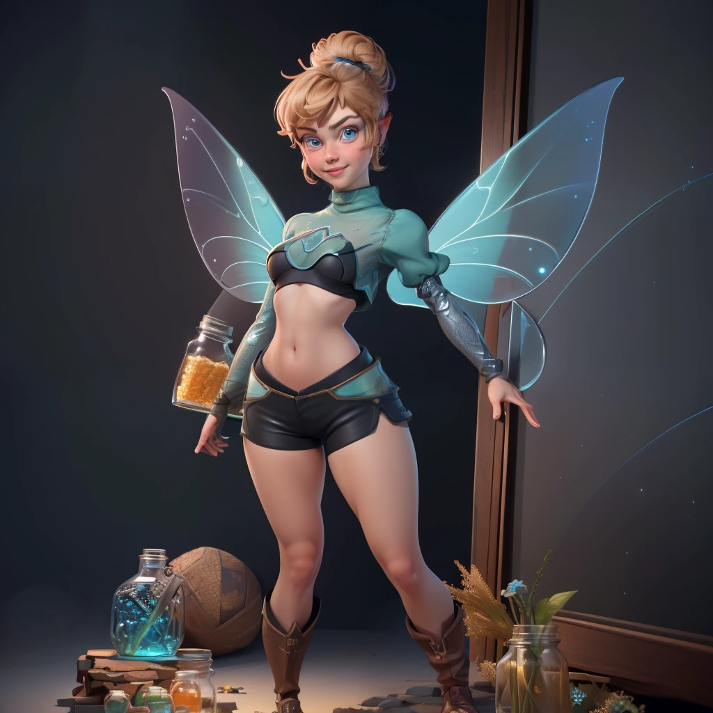 (TinkerWaifu:1), smile, sexy pose, cute, looking at the viewer, thick thighs, single bun, short hair, (short dolphin shorts:1), (fairy wings), standing, (focus on breasts:1.2), from above, (realistic: 1.2), (realism), (masterpiece: 1.2), (best quality), (ultra detailed), (8k, 4k, complex),(full body photo: 1),(cowboy photo:1.2), (85mm), light particles,  lighting, (highly detailed:1.2),(detailed face:1.2), (gradients), sfw, colorful,(detailed eyes:1.2), (detailed ladscape, inside a glass jar :1.2),(detailed background),detailed landscape, (dynamic angle:1.2), (dynamic posture:1.2), (rule of terceira_composição:1.3), (line of action:1.2), general plan, daylight, soil,