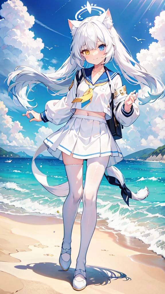 Sailor Suit,girl,White pantyhose,White hair,Long hair,Cat ear,Heterochromia blue-yellow,Smile,Female face,There are bright spots in the eyes,White little hands,Normal fingers,flat chest,On the beach,Blue Halo,White skirt,Blue tie