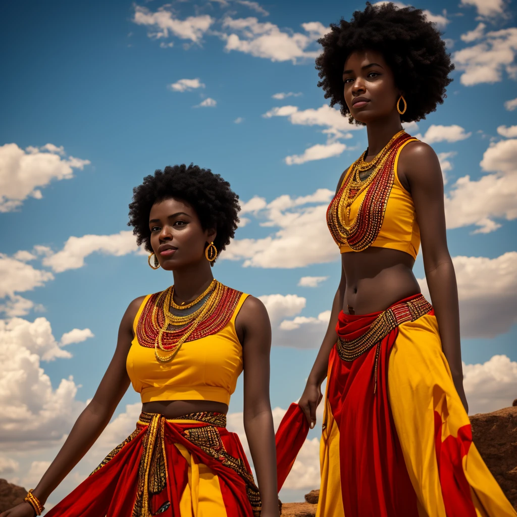 African goddess of war, red and yellow clothing, white background, rays, wind, light