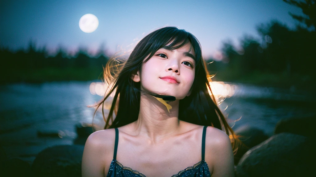 A very cute face like an idol、Looks like a young face、20-year-old female、Gentle and cute、Cleavage、Beautiful moon and starry night、Looking up at the night sky、Moonlight only、leica 50 mm prime lens, cinestill 800T film,、RAW Photos、Genuine、live-action、(Romantic)、(Artistic Expression)、Real Stick、High resolution、masterpiece