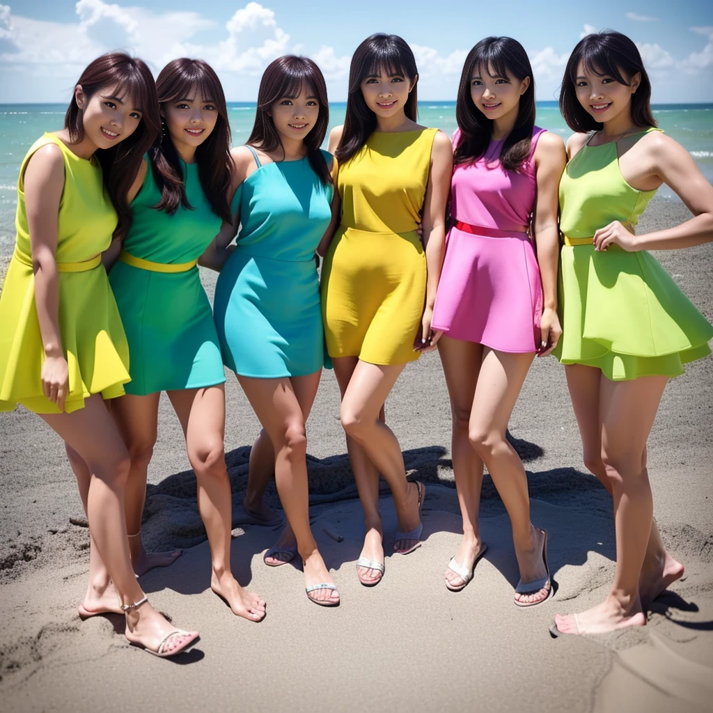 a beautiful group of 5 women in colorful transparent mini dress, stylish and smiling, taking photos together on a beach, long hair with bangs, photorealistic, 8k, high quality, detailed, vibrant colors, natural lighting, cinematic