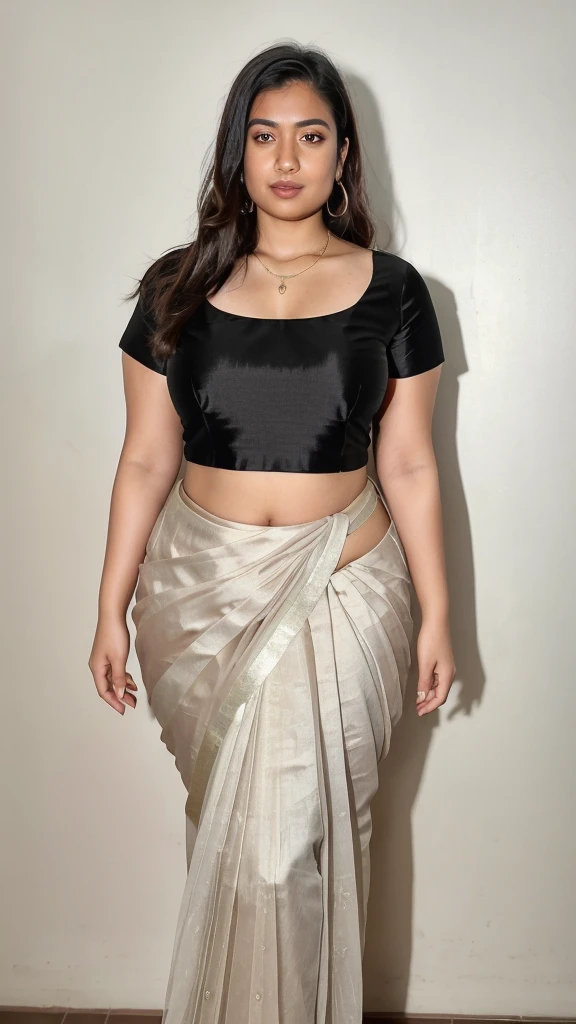 there is a woman posing for a picture in a round neck blouse and saree, thick thighs, thick legs, skinny waist and thick hips, 21 years old, ayahausca, 2 , round neck blouse and saree, 2 9 years old old, full body 3 years old, thick, 2 0 years old
