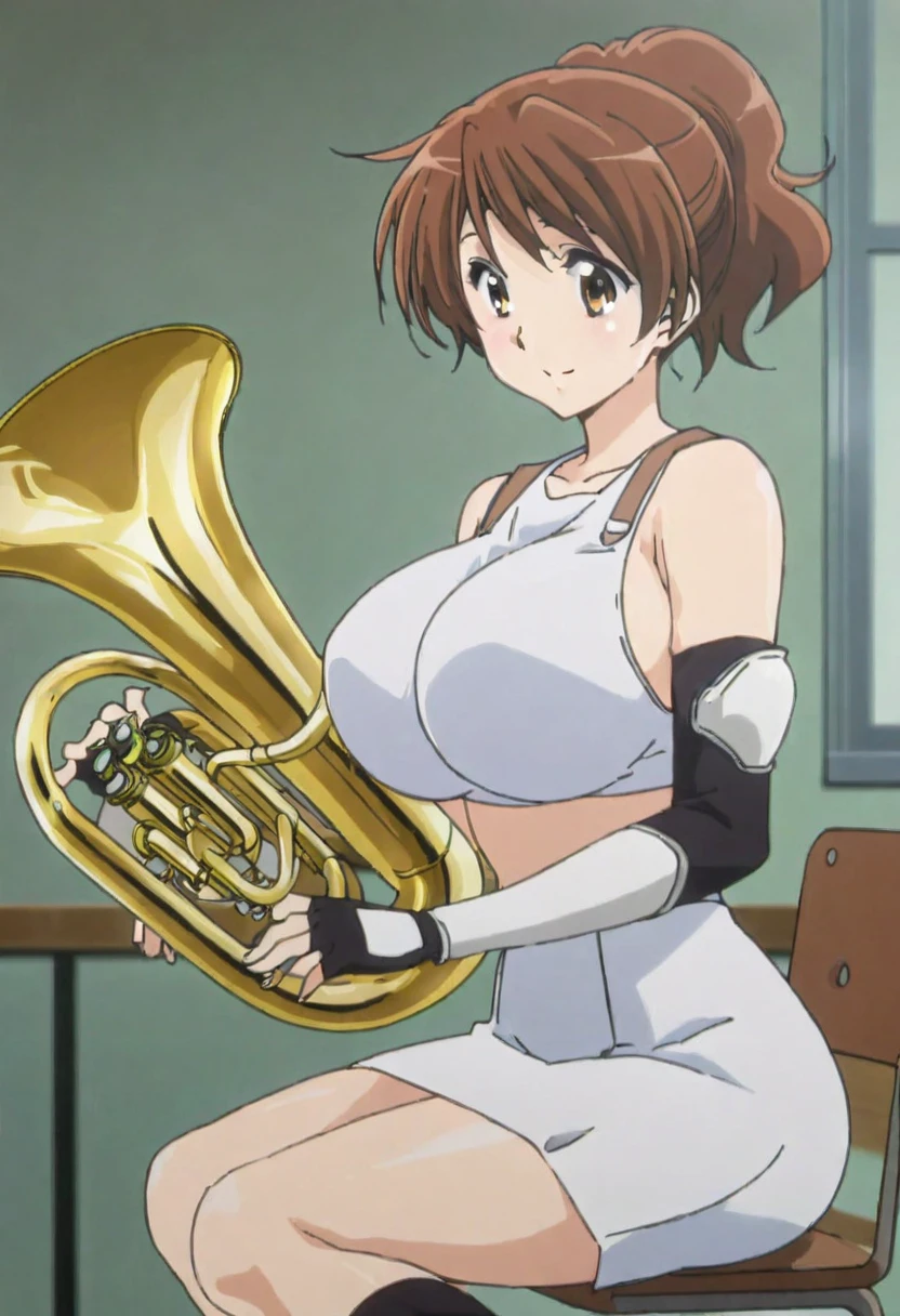 (Flat Color:1.2), Vibrant colors, Highest quality, High resolution, alone, indoor, (Huge breasts:1.3), Kyoto Animation,Retro Anime, sharp, Sound Euphonium,Defined Line, detailed, compensate, Beautiful Face, Gorgeous eyes, smile, Kumiko Oumae,ponytail,White Crop Top, Elbow pads, Fingerless gloves, suspenders, Pencil Skirt, Black socks, From the side, Sitting