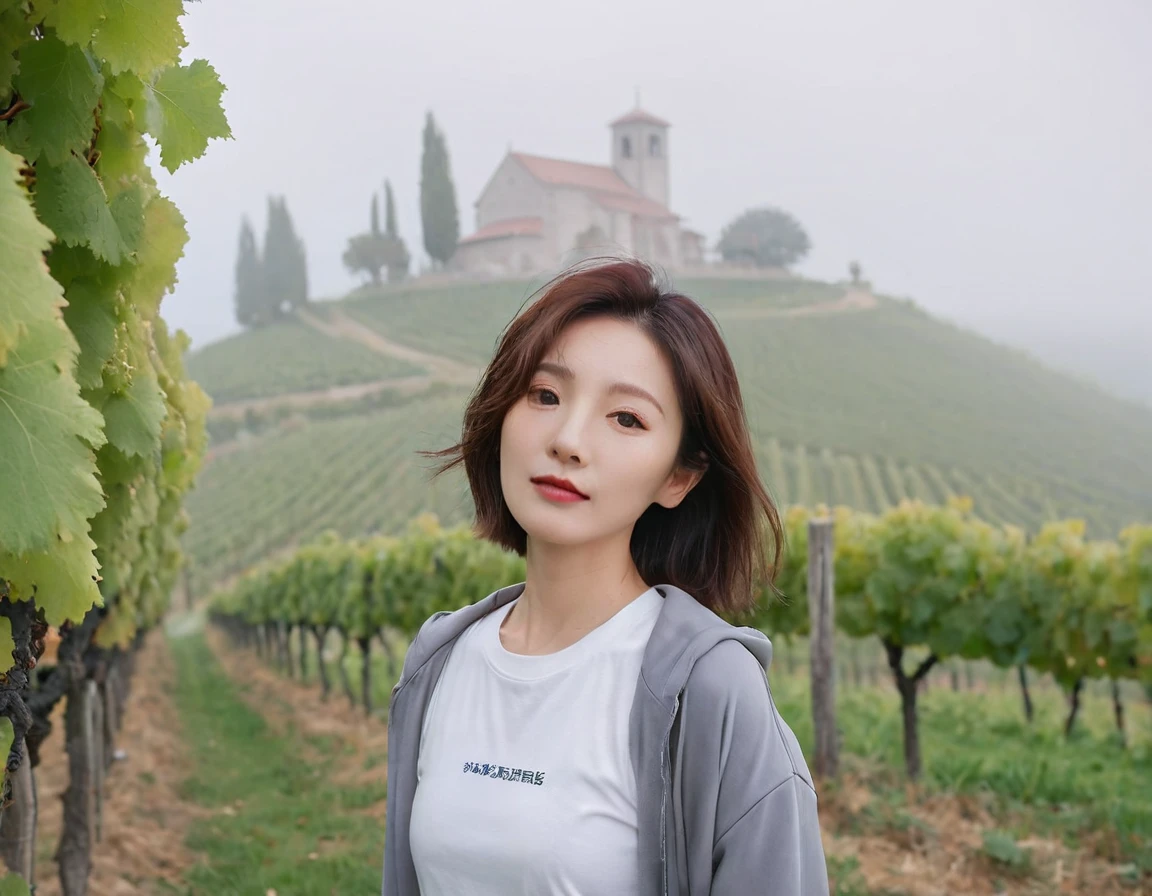 8k best picture quality, Beautiful 36-year-old Korean woman, short and nice weather. Chest size 34 inches, Dense fog at dawn in the Italian countryside, past the vineyard, A cathedral can be seen far away in the fog.., The back background is realistic and vivid quality., Short and medium hair blowing in the wind,Wear a t-shirt, a light windbreaker, and gray jeans.., a faint smile. the background is clear, Short and slim Korean woman, stand far away, Photo taken with a wide-angle lens, Taken from a hill overlooking a misty vineyard, Full body photo taken with Canon Mark 5 camera 16-35 wide angle lens, looking at the camera from afar
