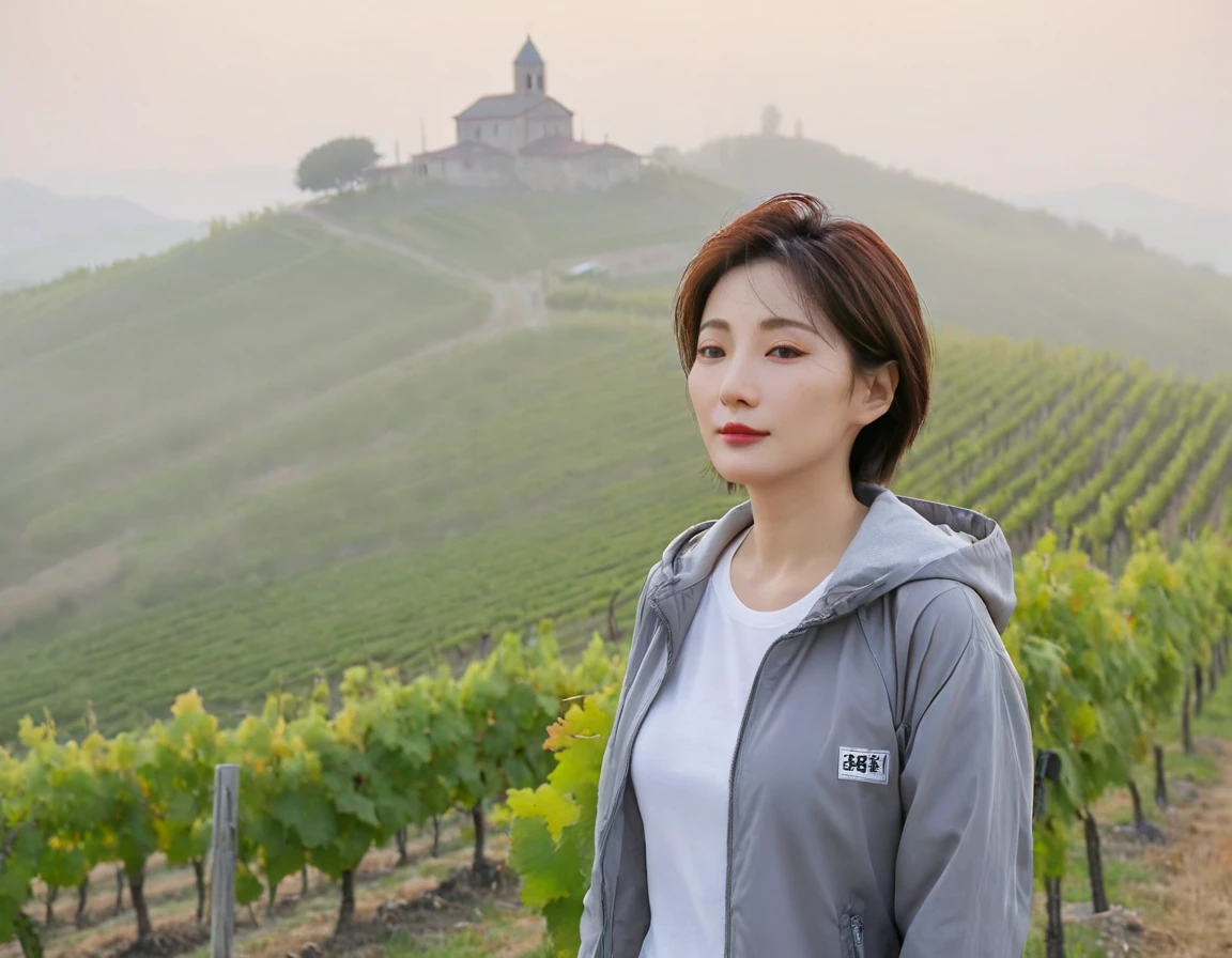 8k best picture quality, Beautiful 36-year-old Korean woman, short and nice weather. Chest size 34 inches, Dense fog at dawn in the Italian countryside, past the vineyard, A cathedral can be seen far away in the fog.., The back background is realistic and vivid quality., Short and medium hair blowing in the wind,Wear a t-shirt, a light windbreaker, and gray jeans.., a faint smile. the background is clear, Short and slim Korean woman, stand far away, Photo taken with a wide-angle lens, Taken from a hill overlooking a misty vineyard, Full body photo taken with Canon Mark 5 camera 16-35 wide angle lens, looking at the camera from afar