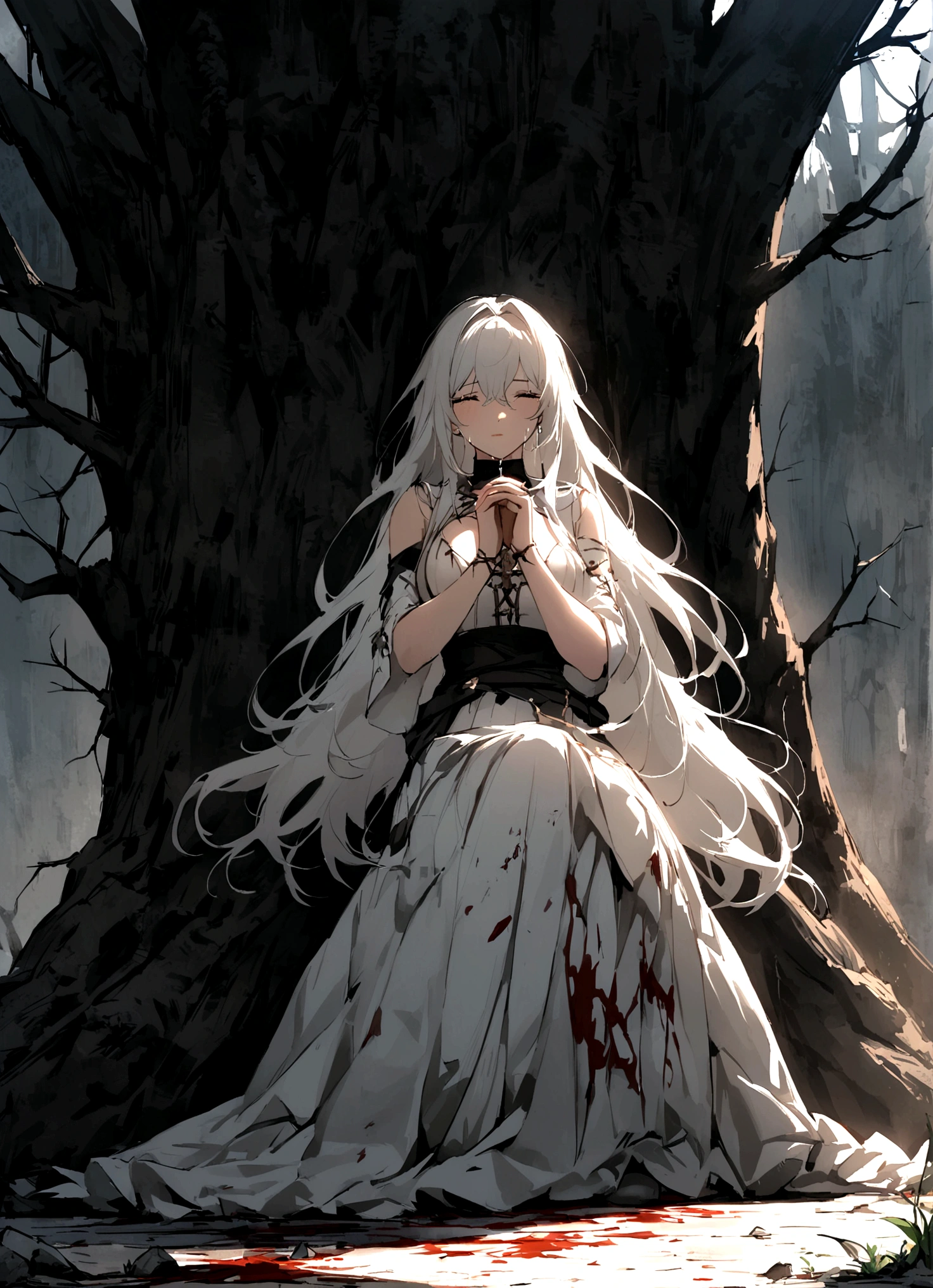 God's son,befall,(The background is the decaying earth,Dead Tree),Kneeling on the ground,pray,cry,Tears,Long hair,(Damaged clothing),Divine Light,White feather,Blood,The light of redemption