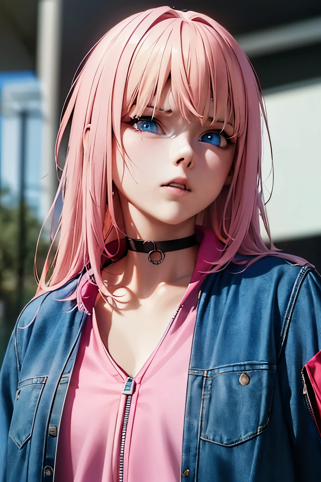 A girl with blonde, pink and multicolored hair, blue eyes, wearing a red jacket and choker, upper body, masterpiece, highres, (best quality,4k,8k,highres,masterpiece:1.2),ultra-detailed,(realistic,photorealistic,photo-realistic:1.37),zombiefied skin, blood,RikaKawaiR4