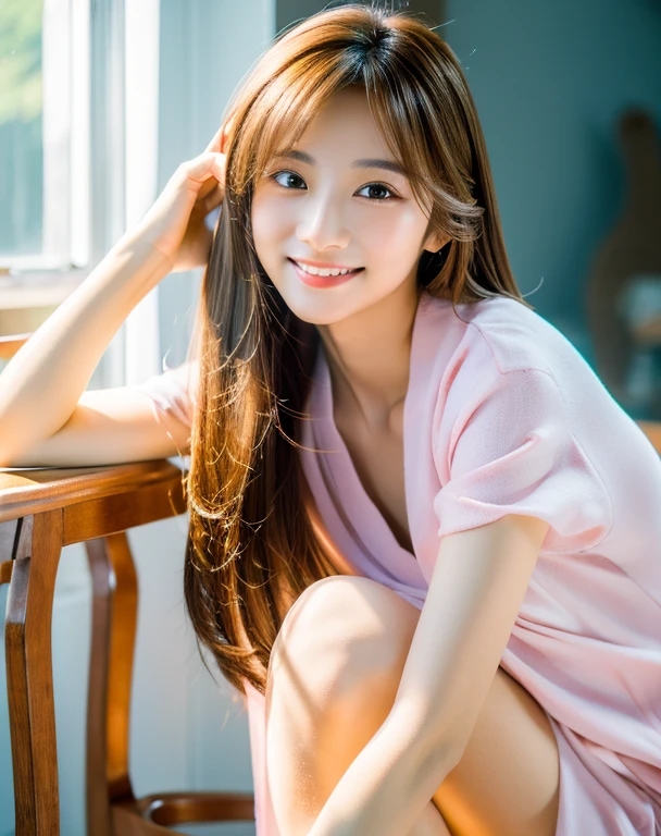 (Highest quality, 32k, High resolution, masterpiece:1.5, ), Memorable photos in abstract style, ((In a swirl of fantastic pastel colors and soft light)), Evokes a sense of calming serenity and elusive beauty, Very rich emotional expression, Have a rich imagination, Cute Japanese Girl, Full Body Shot, Hunchback, Very beautiful face, Magic big eye, A kind smile, Motherhood and generosity, Overflowing affection, ((Shiny brown hair)), Beautifully styled silky medium-long hair, Asymmetrical bangs, Hair between the eyes, transparent, soft, White skin, skinny, Neat, Thin eyebrows, double eyelid, Pale pink lips detail, ((Full nudity)), High resolutionの完璧な鎖骨, High resolutionの美しい胸元, Slender body with ample breasts, High resolutionの美しい太もも, Thin pubic hair, Beautiful Vagina,Clearly visible anus, Bedroom, Soft sunlight, Professional Lighting, Professional Photographer, Professional models,mysterious、Sit on a chair with your legs spread