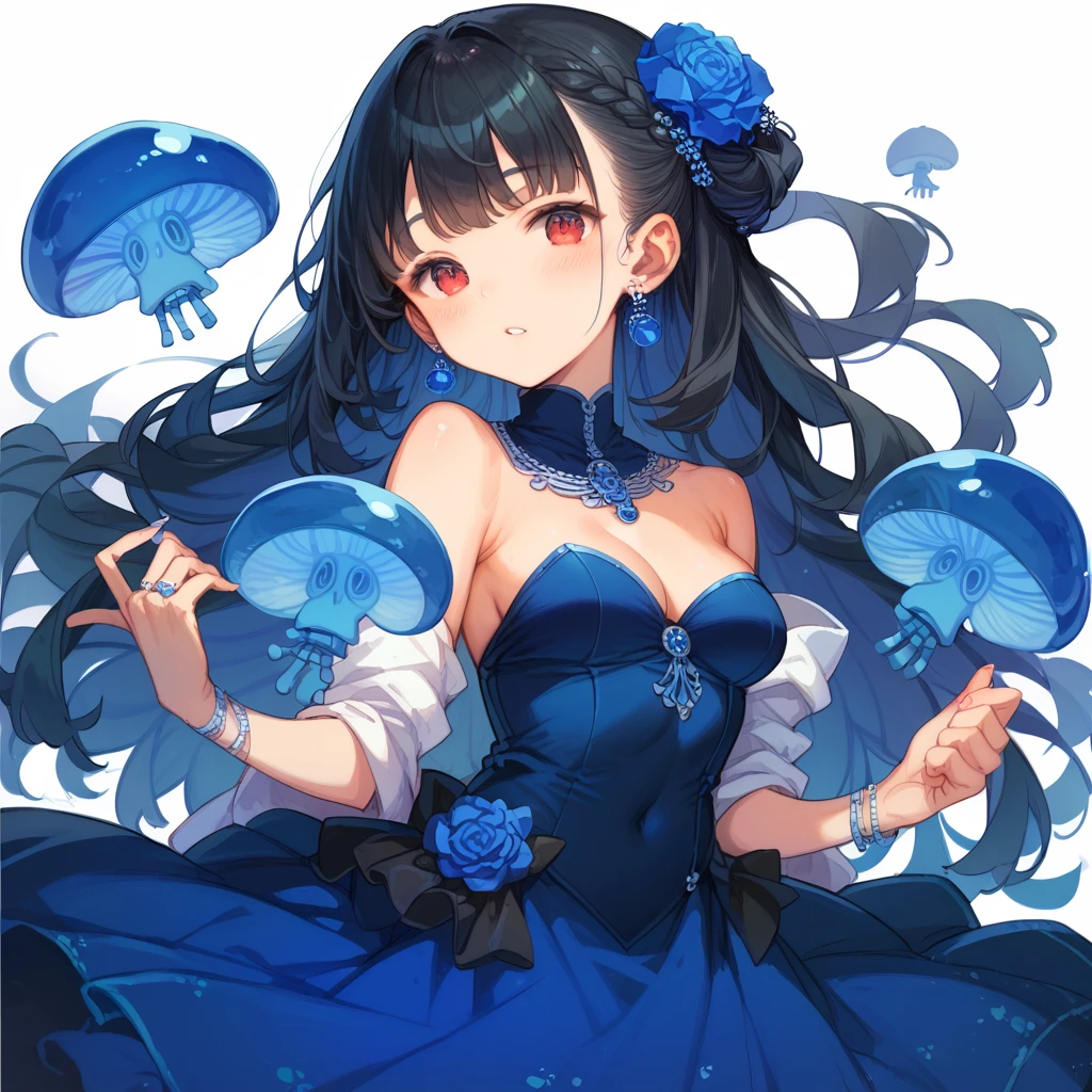 score_9, score_8_up, score_7_up, score_6_up, score_5_up, score_4_up, masterpiece, best quality,、source_アニメ,1girl、Black Hair、Red eyes、Skeleton Body、Vinyl Dresses、PVC material、Blue jellyfish