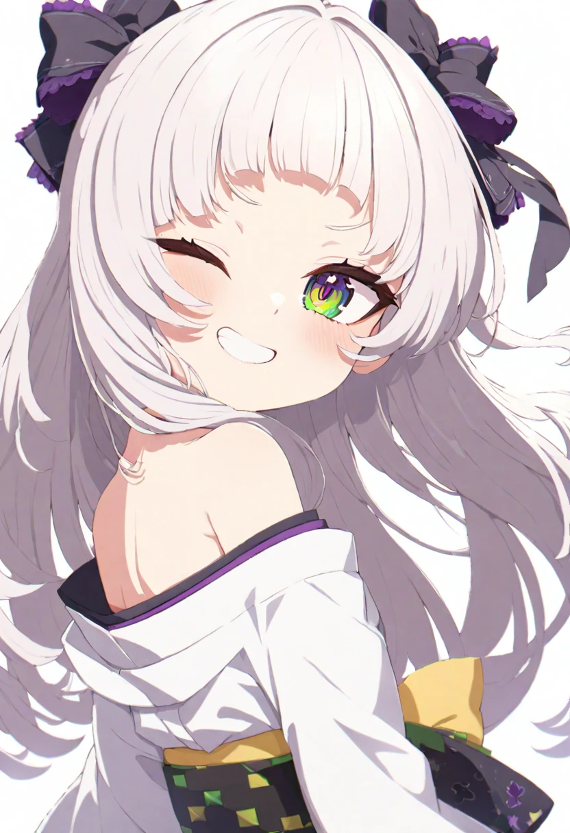 (muste piece), (best quality), very detailed eyes, expressive eyes, perfect face, very detailed face, highly detailed face, beautiful girl, 8K, beautiful girl, white background, delicate and beautiful face and eyes, dark intense shadow,
1 girl, vtuber style, cool girl, hololive, Murasaki Shion, kimono, small chest, clavicle, one eye close winking, smile, (whole body), standing, from back, looking back, sunrsing,