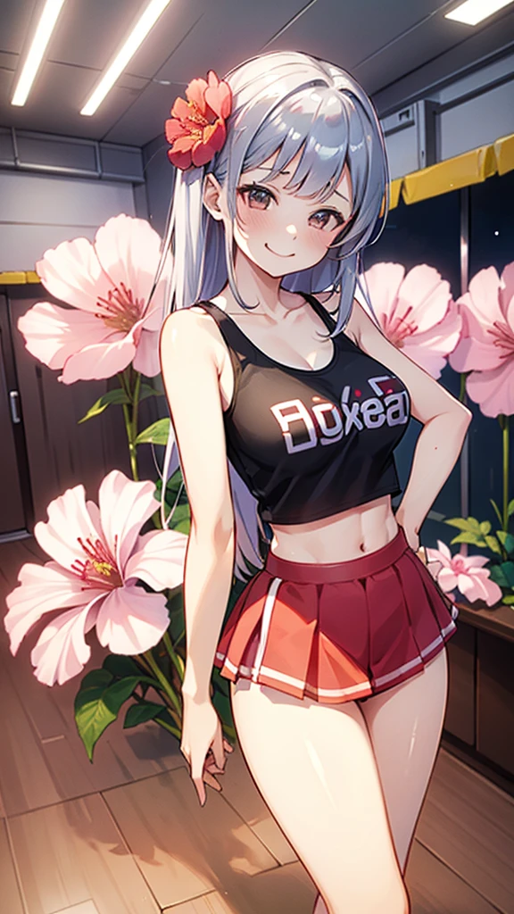 smile、Red cheeks、Official Art, masterpiece, Highest quality,One girl,Cheerleader,Tank top(silver, metallic, ) 8K,High resolution, ( flower_Styler:1.2)(Rainbow Candy:1.2),(Excellent rendering, Stand out in the same class), (Amazing details, Excellent lighting, Wide-angle), Big Breasts(0.6), Absolute area, Detailed Background、Panty shot