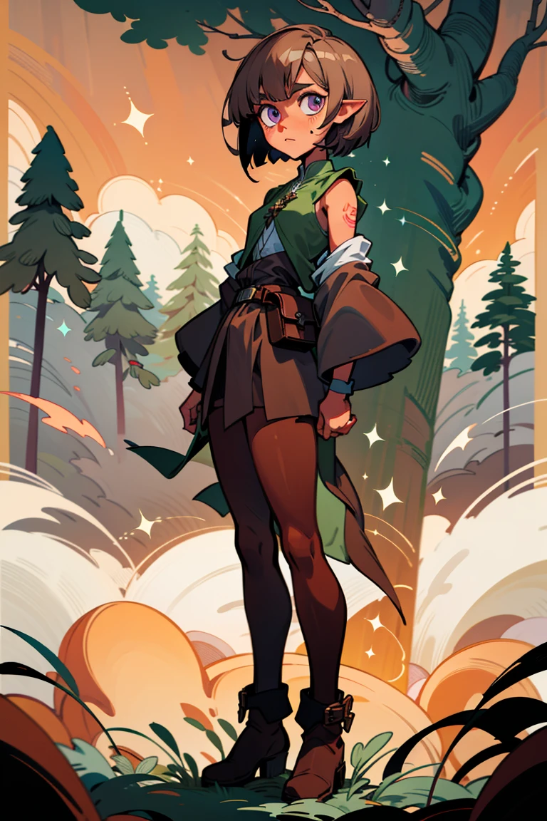 masterpiece, absurdres, 1girl, cowboyshot, tachi-e, adult woman, best aesthetics, small breasts, narrow hips, thin thighs, dark hair, narrow eyes, slanted eyes, brown skin, knee-length dress, round nose, very detailed face, clean lines, dynamic pose, anatomically correct, hyperdetailed, forest atmosphere, beige eyeshadow, clean makeup, violet eyes, detailed hair, sparkling eyes, nature, magic, fantasy, medieval, high fantasy, leather leggings, comfy, cozy, tsurime eyes, SFW, mage robes, arms by side, outdoors, trees in background, simple bob haircut, messy bangs, hair framing face, straight hair, elf, adult woman, brown dress, green vest, inked comic, comic art, ankle boots, cell shading, cartoon style, tanned skin, broad shoulders, forest mage, dark skin, loose-fitting dress, minlan1, high fantasy, rule of thirds, cross-body robes