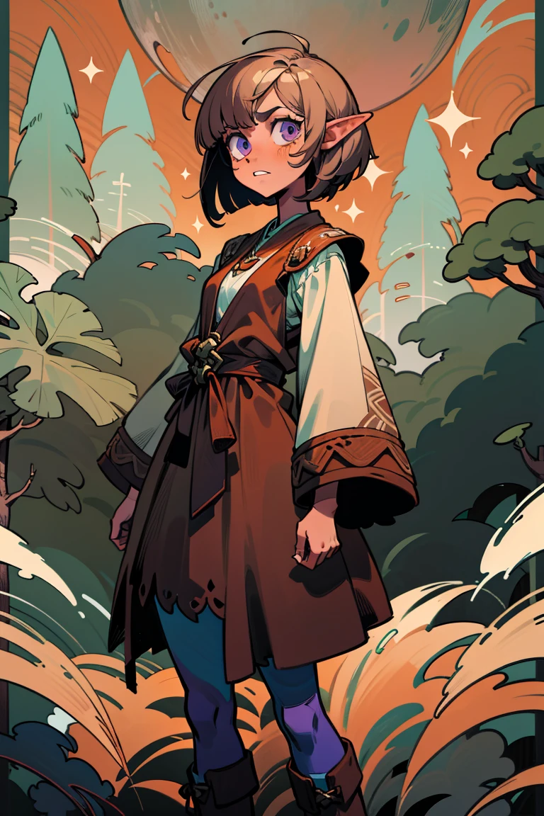 masterpiece, absurdres, 1girl, cowboyshot, tachi-e, adult woman, best aesthetics, small breasts, narrow hips, thin thighs, dark hair, narrow eyes, slanted eyes, brown skin, knee-length dress, round nose, very detailed face, clean lines, dynamic pose, anatomically correct, hyperdetailed, forest atmosphere, beige eyeshadow, clean makeup, violet eyes, detailed hair, sparkling eyes, nature, magic, fantasy, medieval, high fantasy, leather leggings, comfy, cozy, tsurime eyes, SFW, mage robes, arms by side, outdoors, trees in background, simple bob haircut, messy bangs, hair framing face, straight hair, elf, adult woman, brown dress, green vest, inked comic, comic art, ankle boots, cell shading, cartoon style, tanned skin, broad shoulders, forest mage, dark skin, loose-fitting dress, minlan1, high fantasy, rule of thirds, cross-body robes