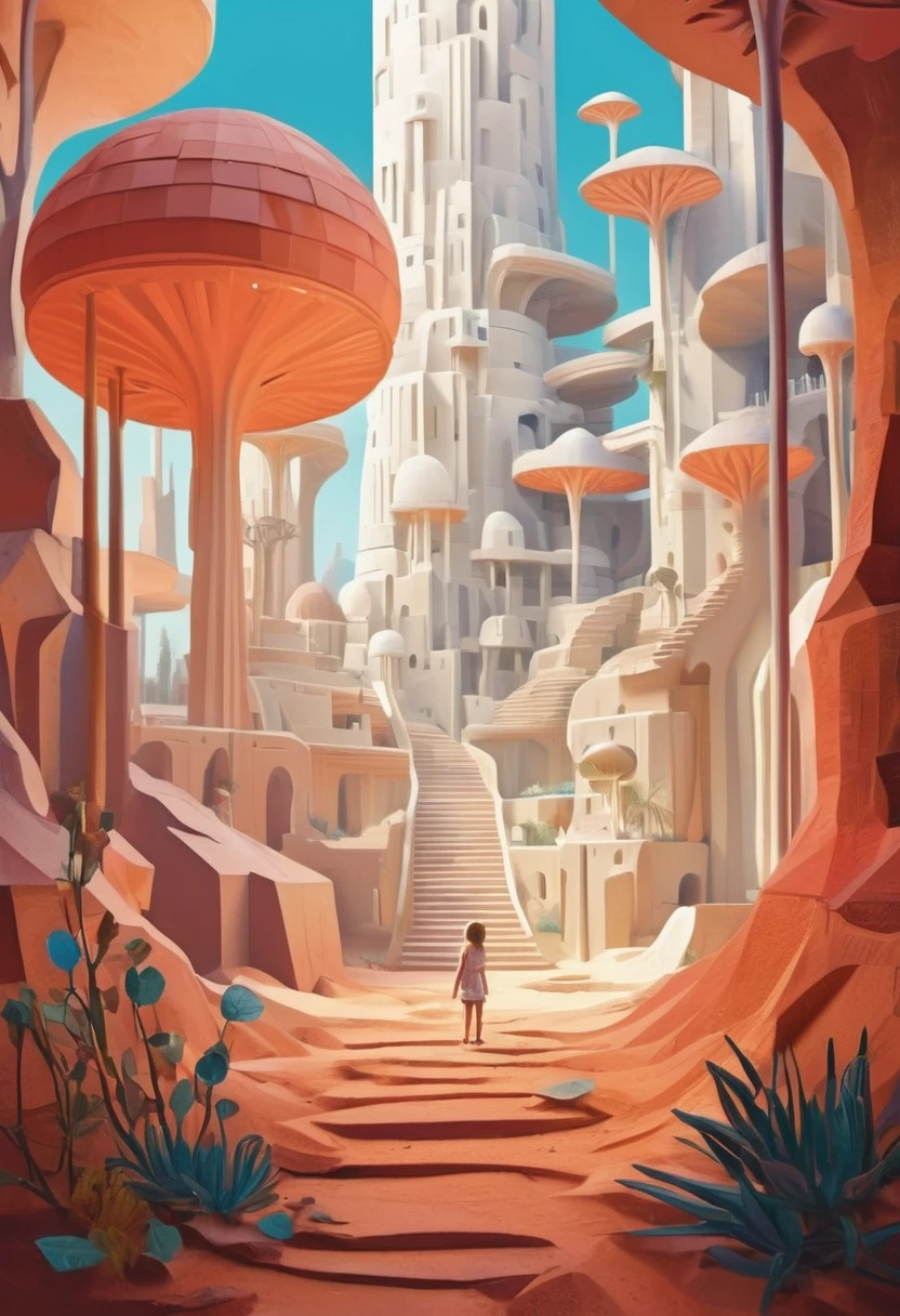 1. Little Girl，Located in Monument Valley，Magic Castle Maze， Finding lost treasure，Geometric space，Unordered regular three-dimensional pattern，Totem poles，Tall monument，Intricate staircase,rest abstract style,branches,eyeball,coral, rest (Abstract Cubism:1.3),Shape Monster,Carnivorous plants,(Simple style:0.9),Autism Picture Books,Diagonal composition,(Irregular composition:1.3),(Curved light:1.4),White_background,(Imagine:1.4),Low density distribution,(large areas of White space:1.8),