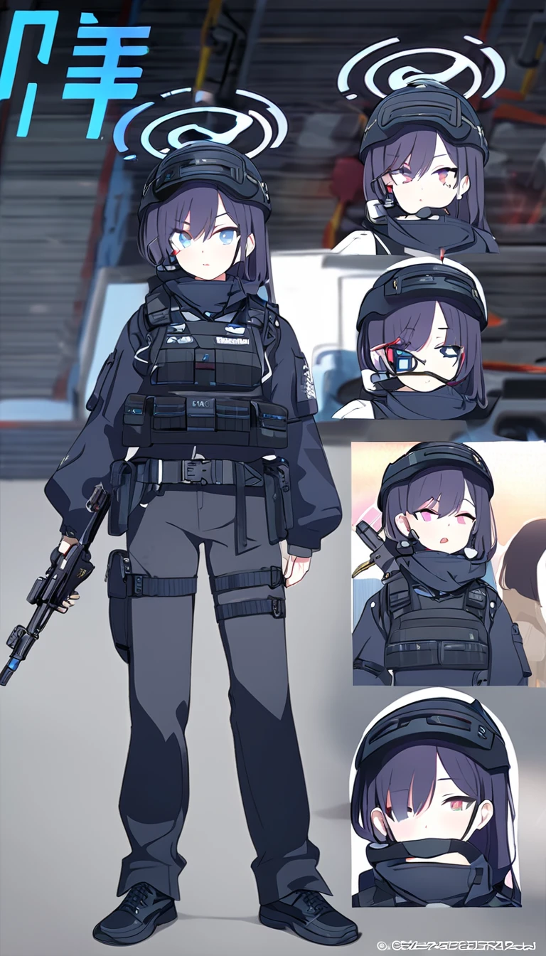 Blue Archive serika: wearing a tactical gear, black working shoes, black jeans, tactical vest, (Character design)