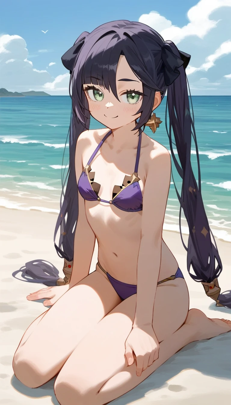dark blue hair,,long hair,blue eyes,pointy ears,elf,(((bikini))),on the beach,blush,embarrasment
