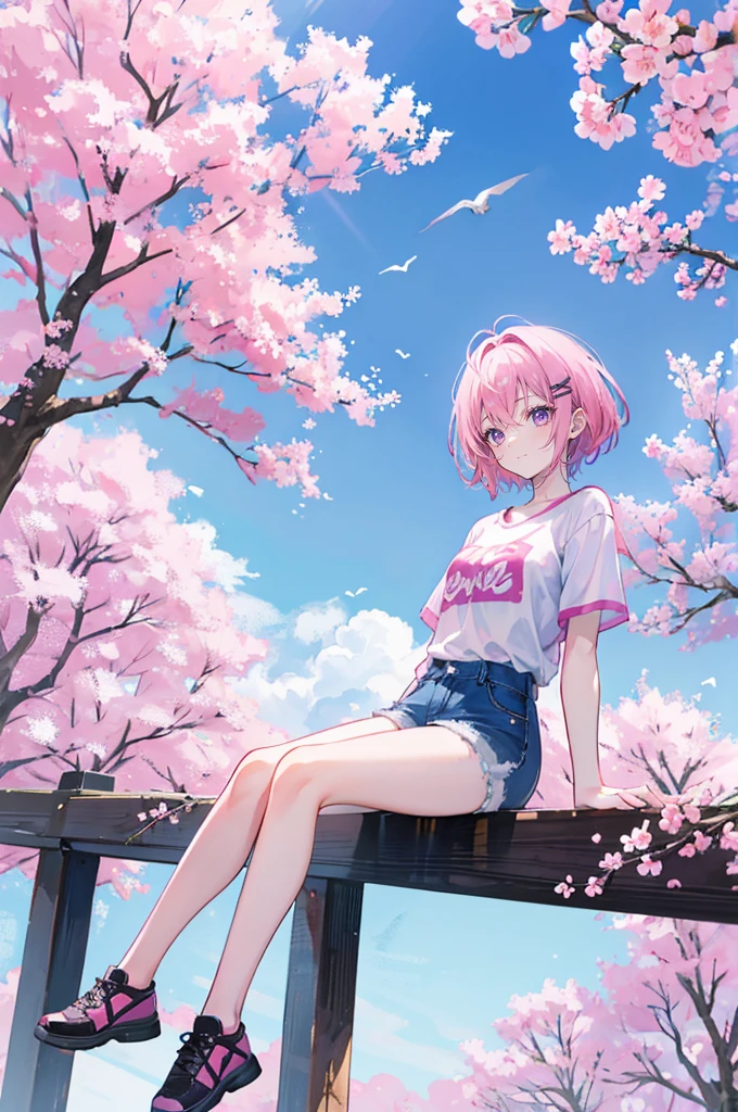 pink hair,purple eyes,short hair,sister head,Two black hairpins,girl,short sleeves,Denim shorts,full-body shot,whole body,Birds sit,sit on the floor,Lots of cherry blossom trees,Background blue sky and white clouds,Happy and happy expression