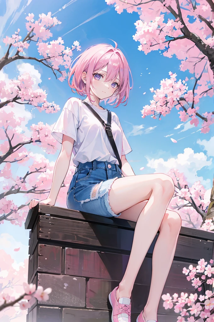 pink hair,purple eyes,short hair,sister head,Two black hairpins,girl,short sleeves,Denim shorts,full-body shot,whole body,Birds sit,sit on the floor,Lots of cherry blossom trees,Background blue sky and white clouds,Happy and happy expression
